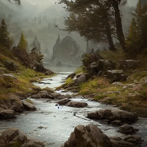 Prompt: a beautiful landscape, river, rocks, trees, by greg rutkowski