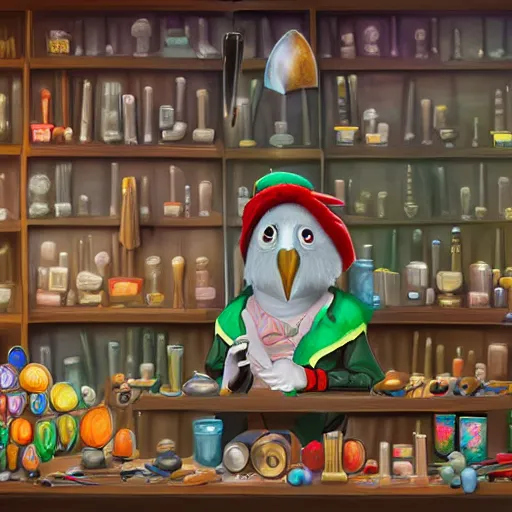 Image similar to Digital art of Anthropomorphized parrot trader in his shop, shelves full, selling a gem, portrait, items, magic potions, carpet, window, fancy funny hat, sly expression , cunning expression, cute expression, presenting magic gem, D&D, fantasy, cinematic lighting, highly detailed, digital painting, artstation, concept art, smooth, sharp focus, illustration, warm light, cozy warm tint, magic the gathering artwork, volumetric lighting, 8k, no gold, no gold colours, art by Akihiko Yoshida and Greg Rutkowski