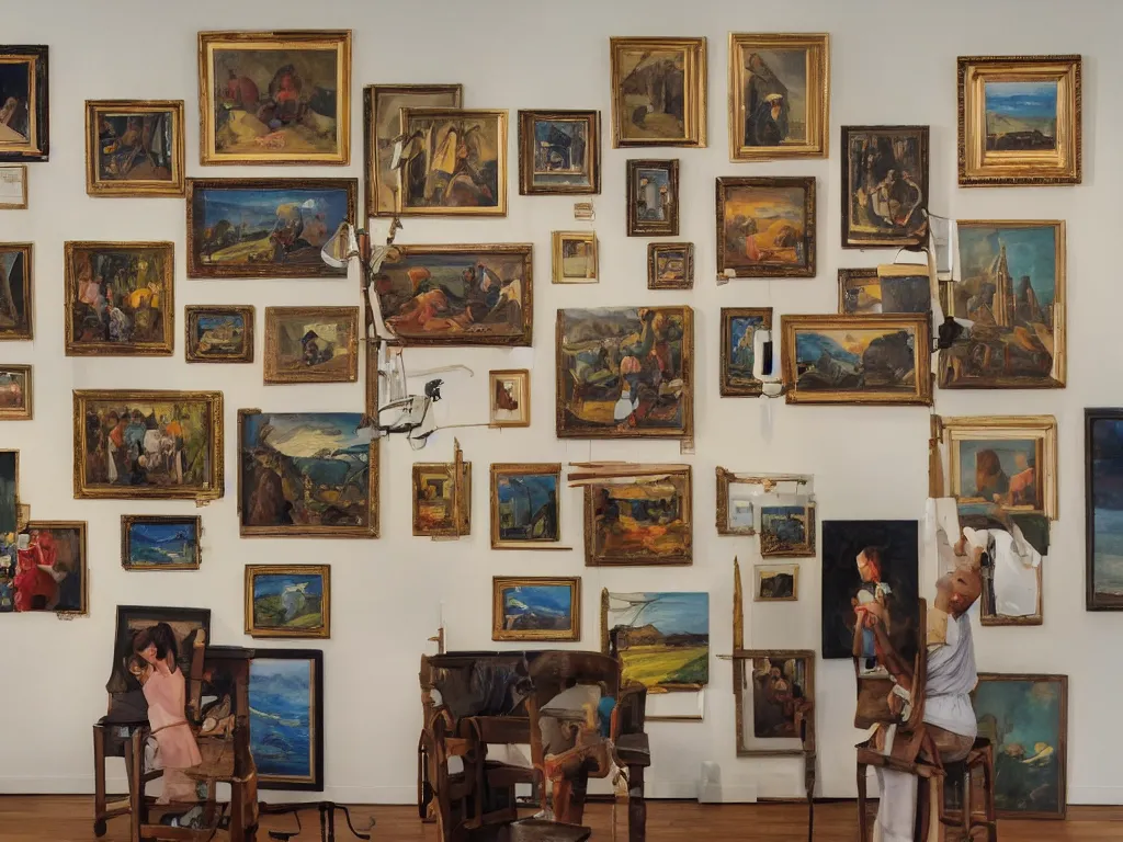 Prompt: a gallery wall filled with paintings depicting a painting of a painting of a painting of a painting of a painting