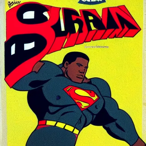 Image similar to black superman flying. super dialed. super muscled