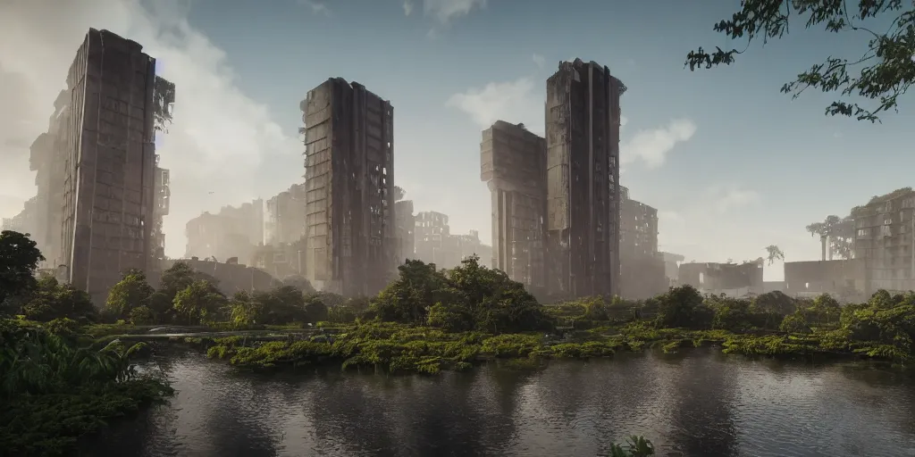 Image similar to brutalist architecture, streetscapes, surrounded by lush green forest and murky ponds of water, stunning volumetric lighting, sunset, rusted steel, smooth solid concrete, stunning skies, trending on Artstation, 8k, photorealistic, hyper detailed, unreal engine 5, IMAX quality, cinematic, epic lighting, in the style of the game DOOM, by Greg Rutkowski