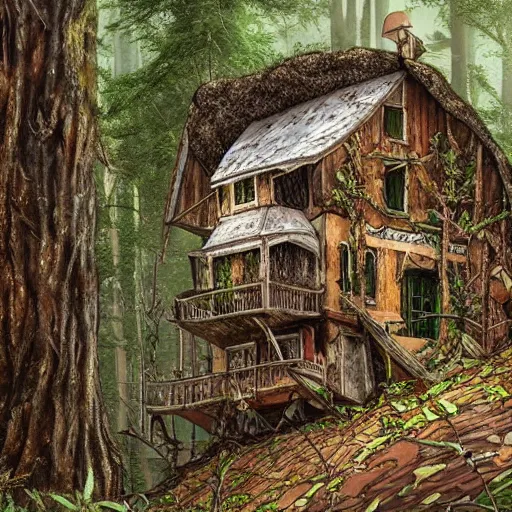 Image similar to Ultra realistic illustration of a ramshackle multistory fairytale hut in the forest