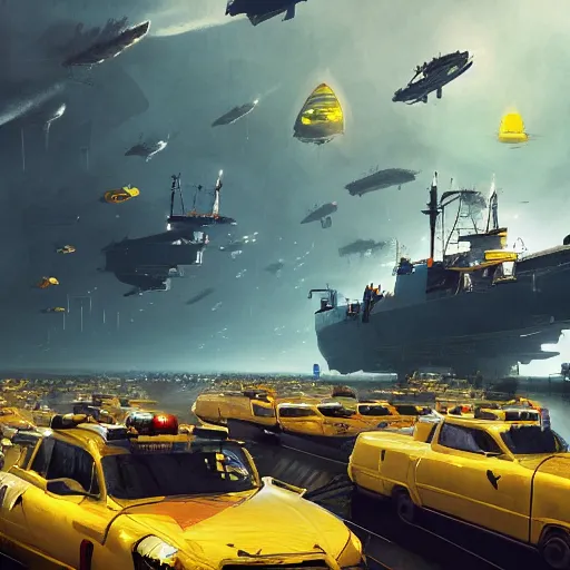 Image similar to a highly detailed of many yellow submarines traffic jam in the sky by sparth and jeff simpson and tyler edlin and, photo, photo real, octane render, vray, brilliantly colored