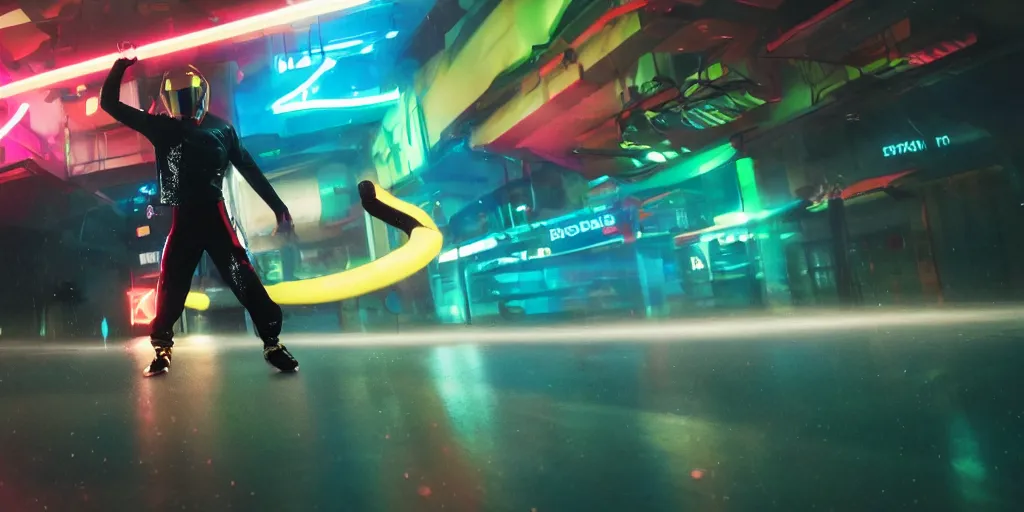 Prompt: cinematic slow motion camera wide angle of slow motion film still of futuristic break dancer wearing latex with neon lights, long exposure shot , motion blur, at night in the middle of a rainy and foggy surreal streer, paddle of water, water splashes, rim lights, glossy reflections, water droplets on lens, octane render, depth of field, detailed and soft, by laurie greasley