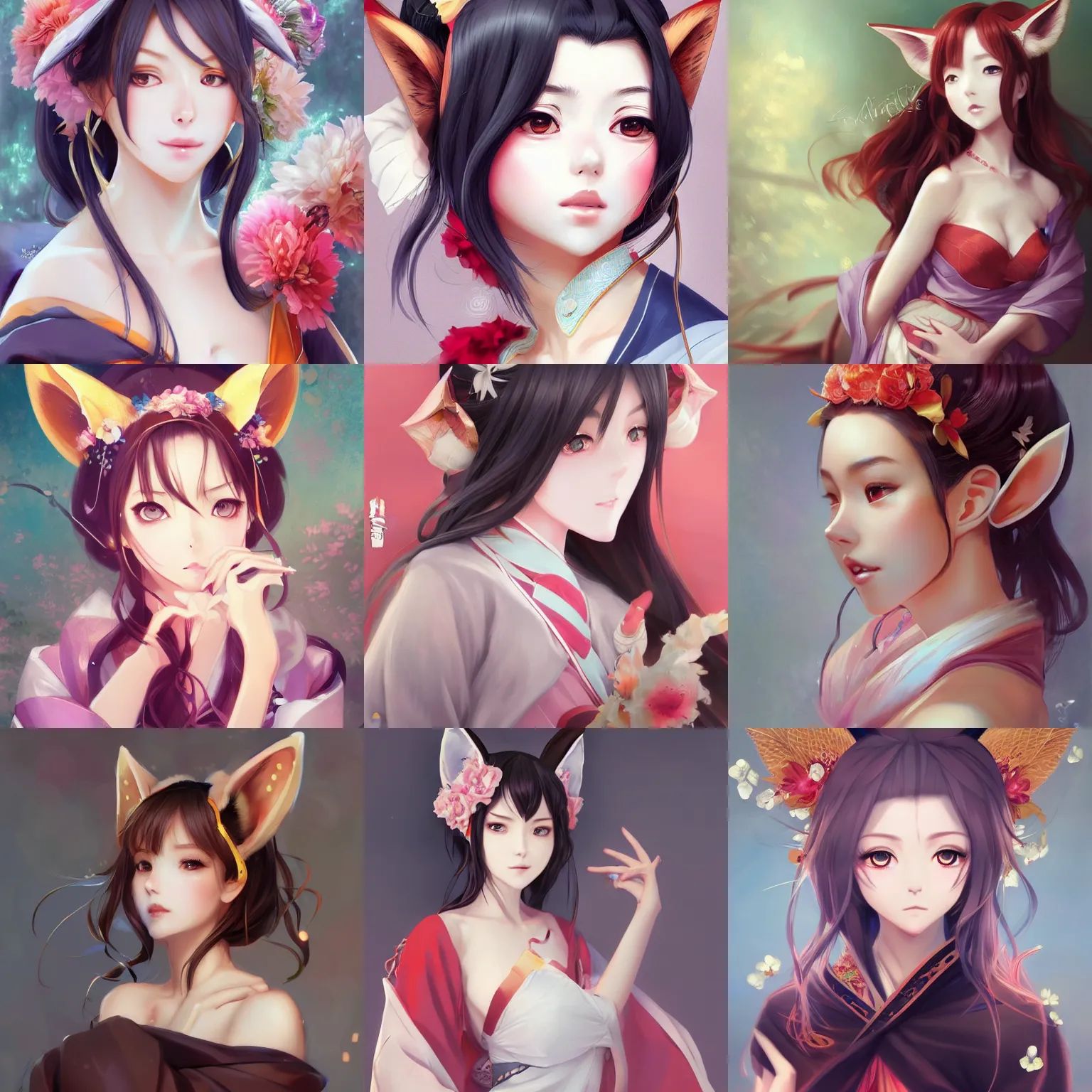 Prompt: A beautiful anime portrait of a beautiful, shapely woman with fox ears wearing a kimono, digital painting, by Stanley Artgerm Lau, WLOP, Rossdraws, LeraPi, and Sakimichan, trending on ArtStation, deviantart, SFW version