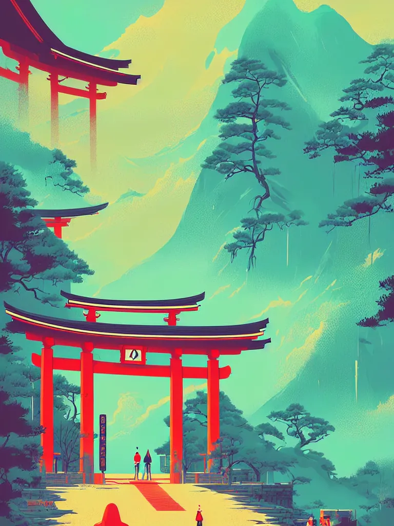 Image similar to a travel poster illustration depicting a japanese torii gate, vintage style, detailed illustration, digital painting, vector art, trending on artstration, by anton fadeev, by alena aenami