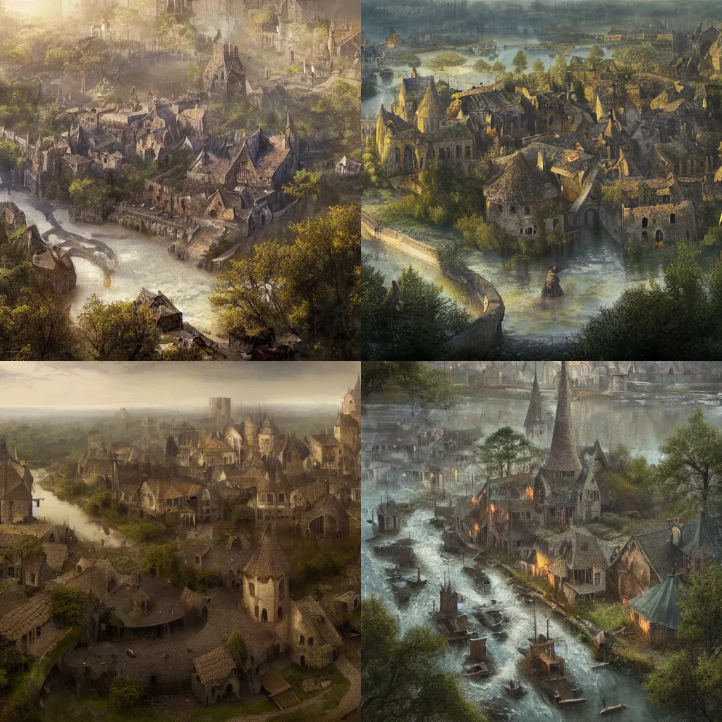 Prompt: airborne view of a downtrodden medieval town by a river in a swamp with a tall ancient hollow tree in its center, 4k, by Greg Rutkowski, fantasy, mix of celtic and Rus architecture, cinematic