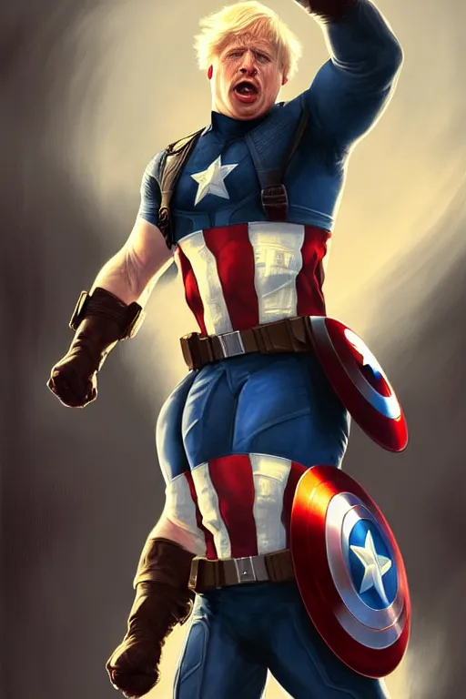 Image similar to Boris Johnson as Captain America, realistic portrait, symmetrical, highly detailed, digital painting, artstation, concept art, smooth, sharp focus, illustration, cinematic lighting, art by artgerm and greg rutkowski and alphonse mucha