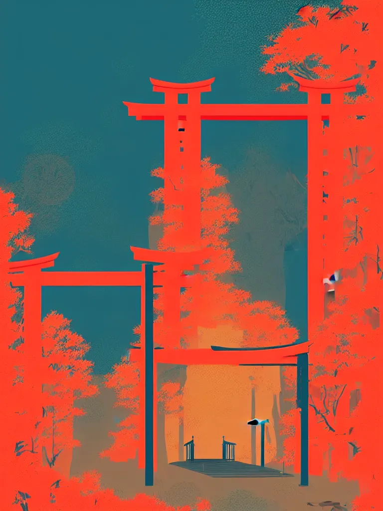 Image similar to a travel poster illustration depicting a japanese torii gate, vintage style, minimalist, digital painting, vector art, trending on artstration, by anton fadeev, by alena aenami