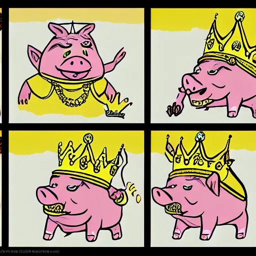 Image similar to concept sketches of a pig wearing a gold crown by Bill Watterson, in the style of 1970s cartoons