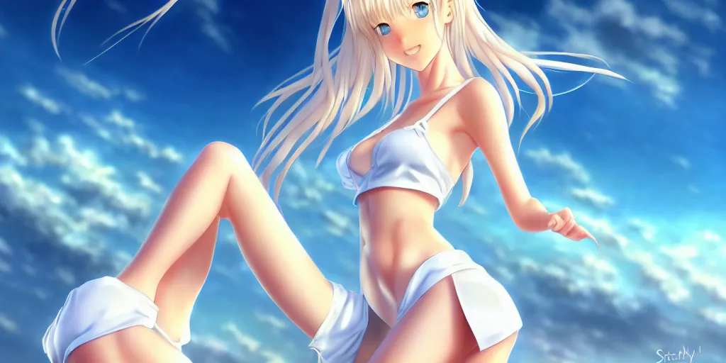 Image similar to tiny father a tall daughter picture : a very beautiful young blond anime girl, sky blue eyes, bikini, white miniskirt, highly detailed, cinematic wallpaper by stanley artgerm lau