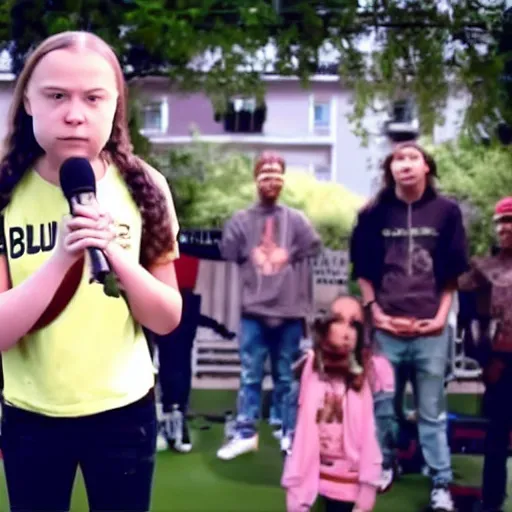 Image similar to greta thunberg hip hop rap battle video still,