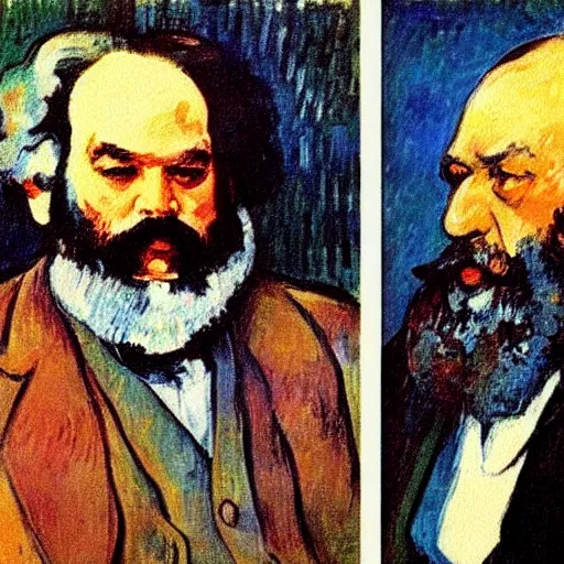 Prompt: beautiful post - impressionist painting portrait of karl marx by, henri de toulouse - lautrec, camille pissarro, paul cezanne, henri rousseau, vincent van gogh, henri - edmond