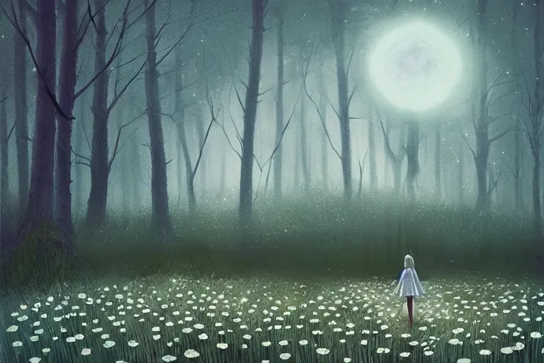 Image similar to giant white daisy flower head, girl walking in dark forest, surreal photography, dark night, stars, moon light, impressionist painting, clouds, digital painting, artstation, simon stalenhag