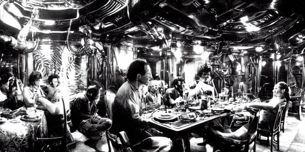 Image similar to a dinner scene within the Nostromo by Ridley Scott, Alien movie, grainy, bluish and cream tones