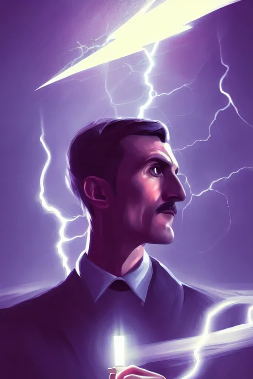 Prompt: nikola tesla, lightning, portrait, sharp focus, fantasy, digital art, concept art, dynamic lighting, epic composition, trending on artstation, by emylie boivin 2. 0, rossdraws 2. 0