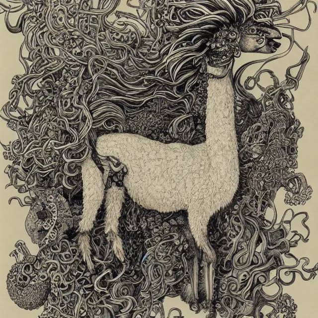 Image similar to llama with dreadlocks, otomo katsuhiro, ernst haeckel, james jean