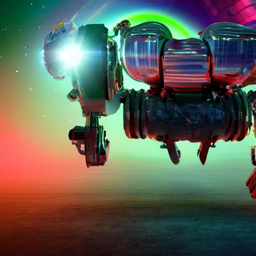 Image similar to 3 d rendered movie still pearlescent robot kitten robots quadruped in epic outer space battles and disco dance contests on saturn. science fiction, blockbuster movie, dystopian future, computer - animated science fiction film, space odyssey, imax, 7 0 mm, 4 k
