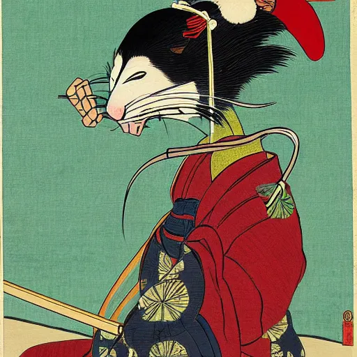 Image similar to a painting of a samurai rat in the style of ukiyo - e