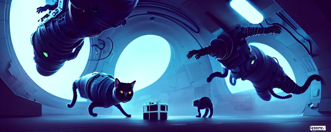 Image similar to duotone noir scifi concept dynamic illustration of 3 d mesh of alien cat inside box floating zero gravity glowing 3 d mesh portals futuristic, glowing eyes, octane render, surreal atmosphere, volumetric lighting. accidental renaissance. by sachin teng and sergey kolesov and ruan jia and heng z. graffiti art, scifi, fantasy, hyper detailed. trending on artstation