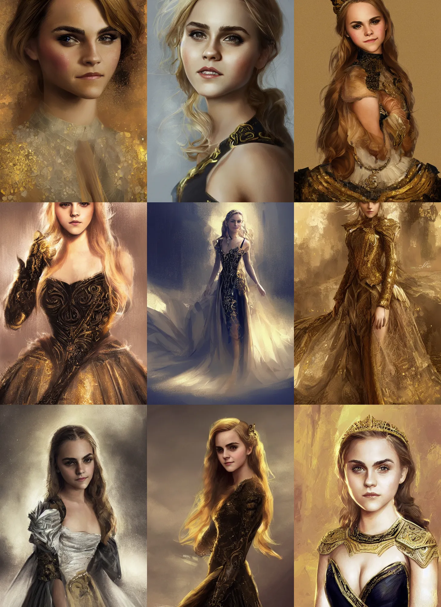 Prompt: annasophia robb emma watson portrait as young princess, golden and black dress, intricate, elegant, highly detailed, digital painting, artstation, concept art, sharp focus, illustration, art by aleksi briclot, rutkowski