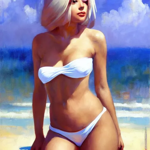 Prompt: greg manchess portrait painting of yorha type b no. 2 in a bikini, white long hair, organic painting, sunny day, matte painting, bold shapes, hard edges, street art, trending on artstation, by huang guangjian and gil elvgren and sachin teng