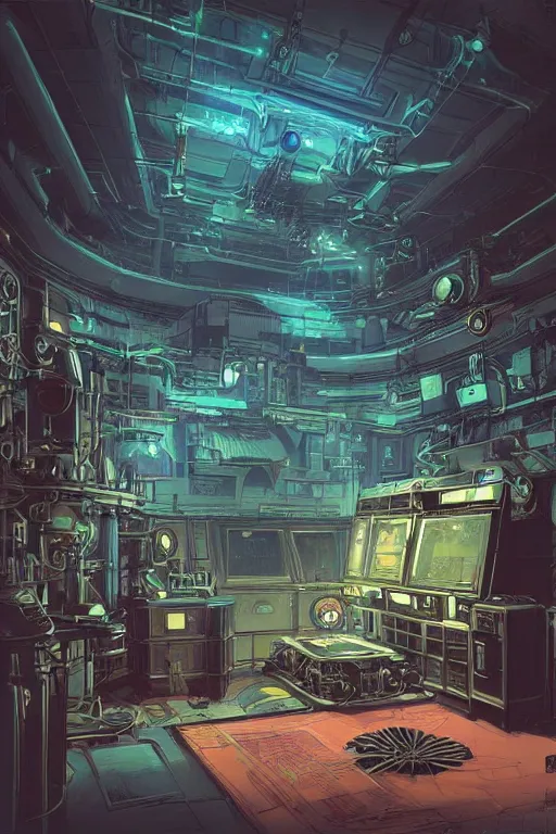 Prompt: a detailed concept art of a steampunk controll room, by moebius, by beeple