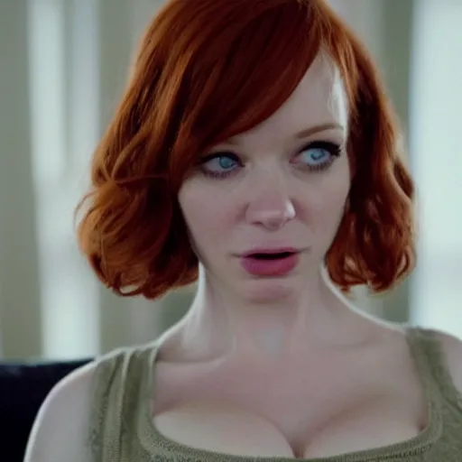 Image similar to a very surprised looking beautiful Christina Hendricks in a miniskirt in the living room, film still from the movie directed by Denis Villeneuve , wide lens