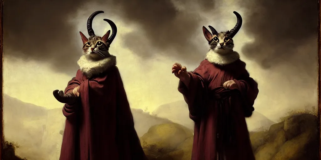 Prompt: a bipedal cat that has two goat horns and is wearing robes, matte oil painting, by rembrandt, by leonadro da vinci, d & d, character reveal, fantasy, concept art, cosmic, magical, fog, noble, full body portrait, extremely detailed, cute, cult, ritual, sharp focus, 4 k, 8 k