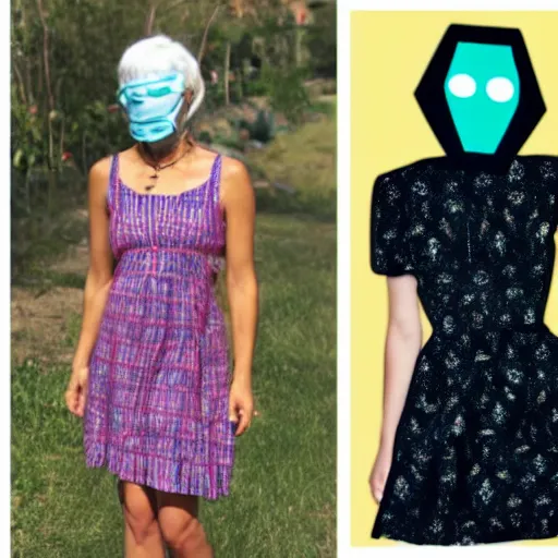 Prompt: a collage age women. wearing cult mask. skinny. sun dress.