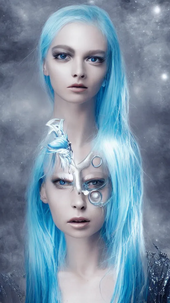 Prompt: blue alien woman, with white hair, silver jewellery, beautiful, elegant, sci-fi, fantasy, like sakimichan