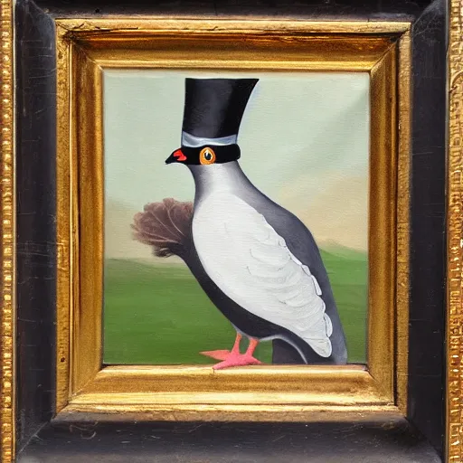 Prompt: A painting of a pigeon wearing a golden top hat