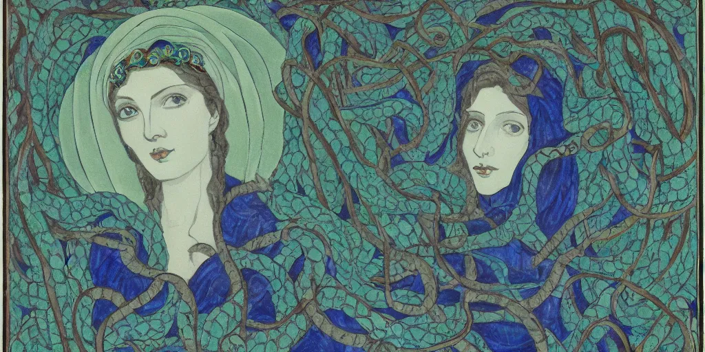 Prompt: portrait of the queen of snakes, pale blue, emerald, sapphire, wearing a crown of vines, moonlit