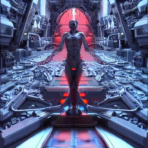 Prompt: ultradetailed illustration of a biomechanic evil cyborg posing in front of a futuristic neuronal supercomputer, by greg rutkowski and Zdzisław Beksiński., photorealistic, 8k, intricate, futuristic, dramatic light, trending on cg society