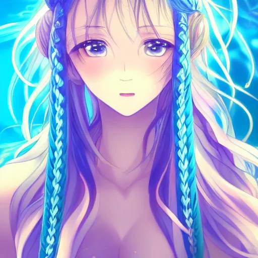 Prompt: advanced digital anime art, a very cute beautiful and gorgeous woman wearing a dress made of fire and water , full body, very long wavy azure blue hair, braided hair, white highlights in hair, azure blue watery eyes, full round face, cinematic lighting, mid-shot, highly intricately detailed, trending on pixiv, Artstation, DeviantArt, NicoVideo, Steven Artgerm Lau, WLOP, RossDraws, RuanJia, James Jean, Andrei Riabovitchev, Totorrl, Marc Simonetti, Visual Key, and Sakimichan