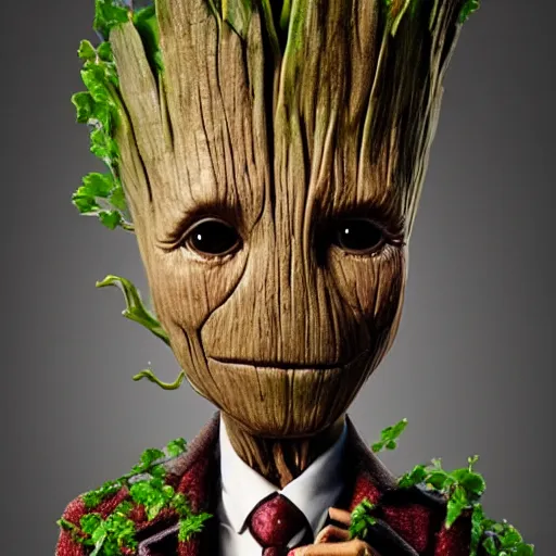 Image similar to realistic groot as a gentleman wearing tuxedo drinking wine, 1 0 0 mm, trending on artstation, behance, photorealistic, movie shot, studio lighting, 8 k