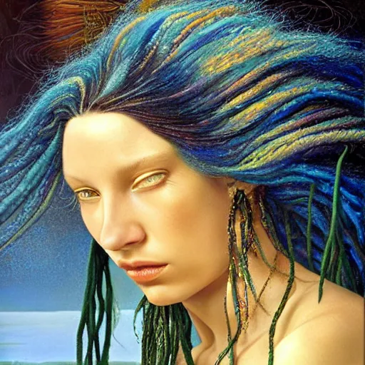 Prompt: A beautiful portrait of a woman with iridescent skin by James C. Christensen, scenic environment and blue dreadlocks