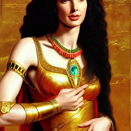 Image similar to Full body oil painting of the beautiful goddess Gal Gadot as Cleopatra, she is wearing egyptian clothes and a surreal jewelry, her hair is natural disheveled, she is approaching heaven over the clouds, Anubis is behind her, naturalism, dramatic lighting, high-detailed oil painting by Ilya Repin, Michelangelo da Caravaggio, William Blake, Alex Grey and Beksinski, trending on Artsation, hystorical painting, naturalism, masterpiece, 4k, 8k,