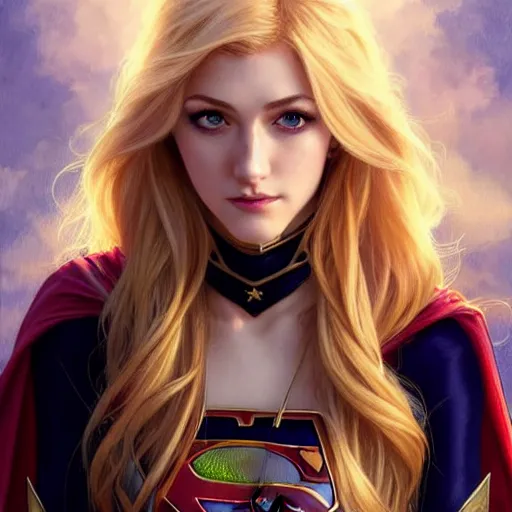 Image similar to Katherine McNamara with blonde hair as Super Girl, western, D&D, fantasy, intricate, elegant, highly detailed, digital painting, artstation, concept art, matte, sharp focus, illustration, art by Artgerm and Greg Rutkowski and Alphonse Mucha