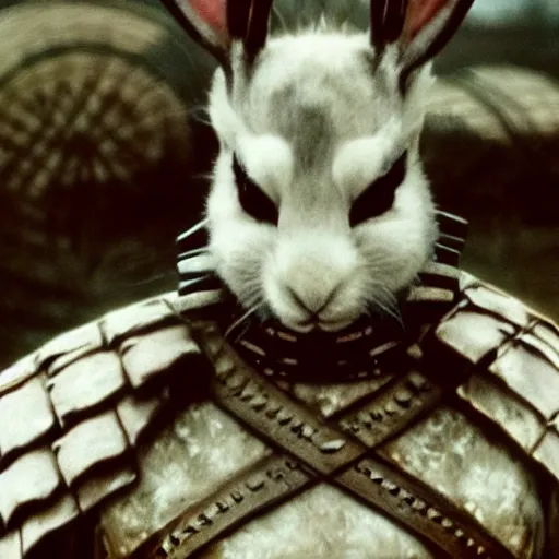 Prompt: photorealistic white rabbit samurai with angry face in seven samurai, film still, Usagi Yojimbo