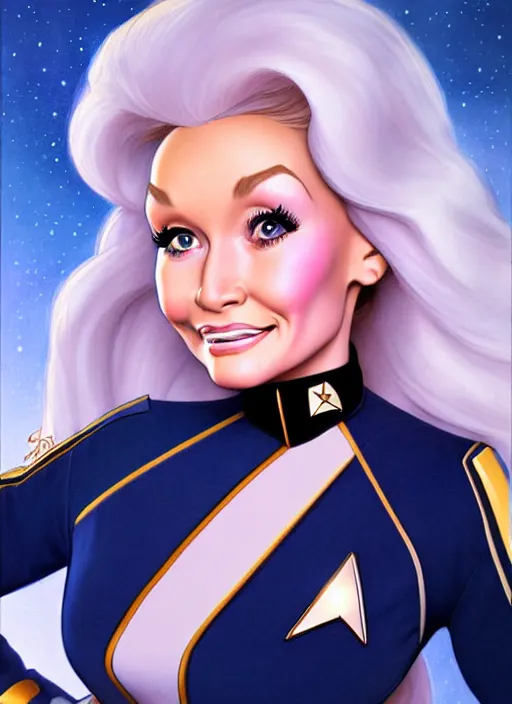 Image similar to cute star trek officer dolly parton, natural lighting, path traced, highly detailed, high quality, digital painting, by don bluth and ross tran and studio ghibli and alphonse mucha, artgerm