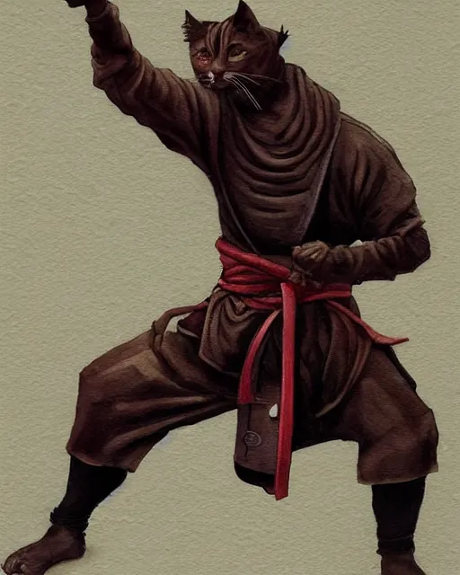 Image similar to a oil / watercolor painting full body character portrait of an anthromorphic cat martial artist / ninja in the style of moebius in the style of leonard boyarsky trending on artstation deviantart pinterest detailed photorealistic highlights and shadow hd 8 k post - processing high resolution