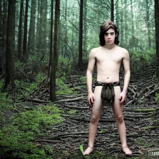 Image similar to a teenage boy, around 1 9 yo. looking sad. natural brown hair. loincloth, pale skin. detailed face. ominous and eerie looking forest i'm background. natural colors.