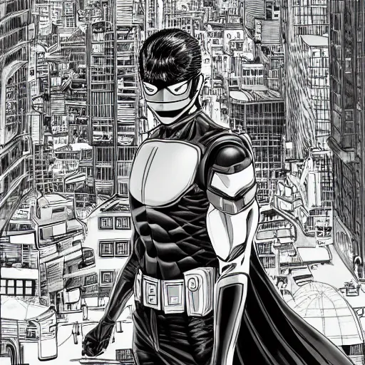 Image similar to Manga illustration of masked super hero, full body and head portrait by Tetsuo Hara. Depth of field, zoom out 35mm camera, awesome cityscape in the background, highly detailed concept art, detailed pencil art by Kengo Hanazawa