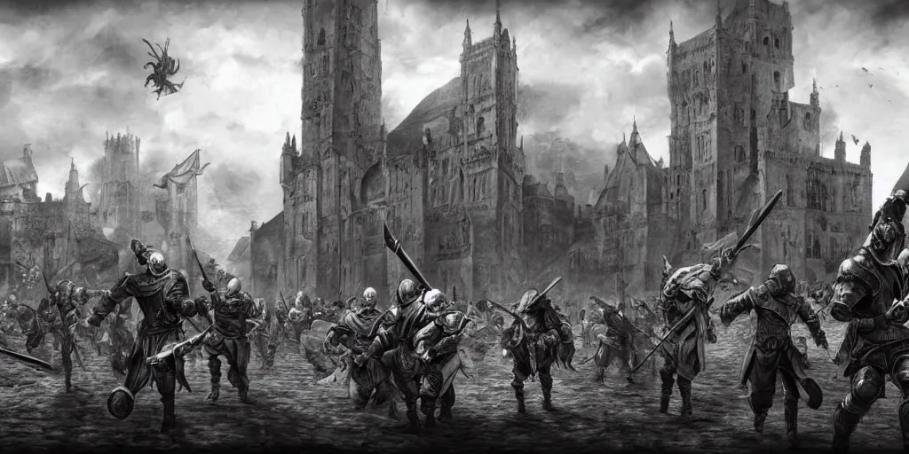 Prompt: RTS gameplay third person in style of Durer, painting, engraving, grayscale, Stronghold strategy gameplay, dark tones, fantasy, medieval, buildings, units, RPG, high contrast, octane render