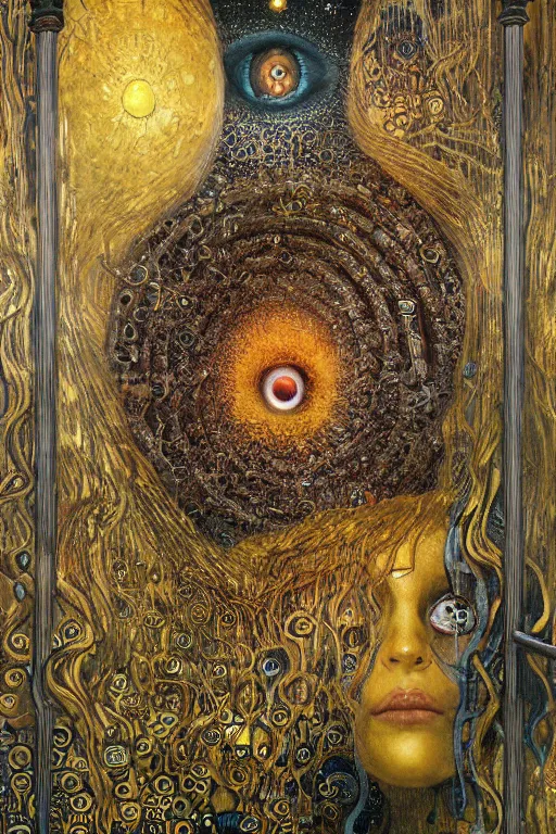 Image similar to The Dreaming Cell by Karol Bak, Jean Deville, Gustav Klimt, and Vincent Van Gogh, mystic eye, otherworldly, prison, elaborate wrought iron bars, chains, locks, fractal structures, arcane, inferno, inscribed runes, infernal relics, ornate gilded medieval icon, third eye, spirals