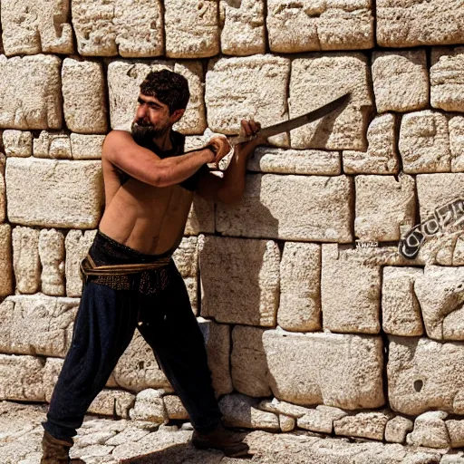 Prompt: award winning cinematic still of 40 year old Mediterranean skinned man in Ancient Canaanite clothing building a wall in Jerusalem, holding a sword and a chisel, dramatic lighting, strong shadows, directed by Peter Jackson