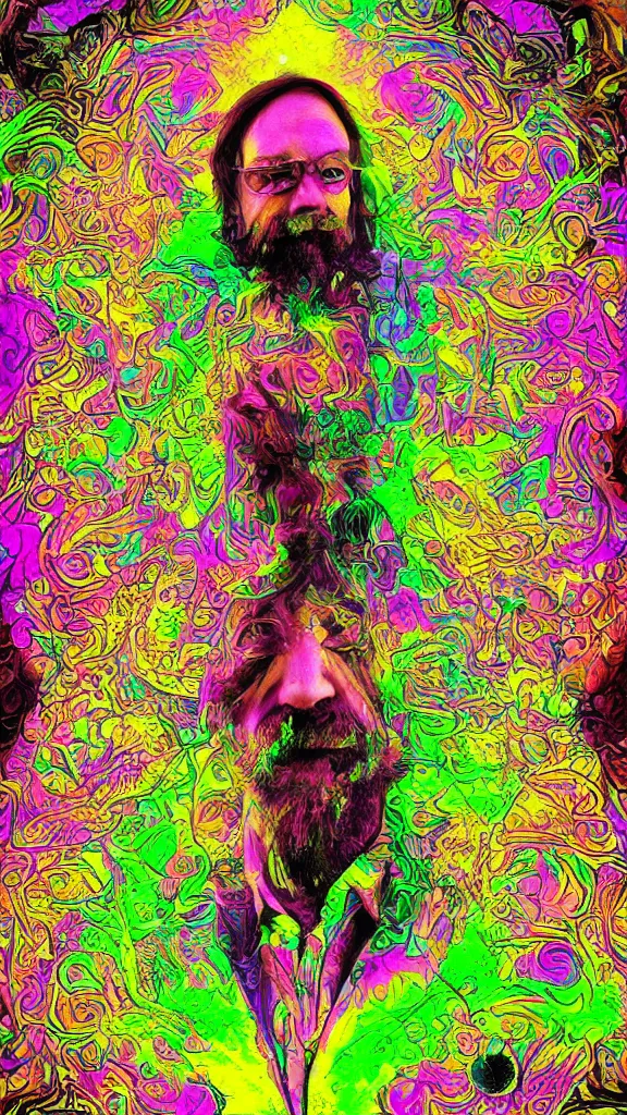 Image similar to terrance mckenna protrait with mushrooms fractals and fog, vivid psychadelic colorful