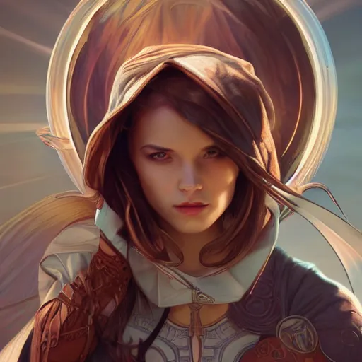 Prompt: character concept, wide angle, full body, symmetrical head - on centralized, young assasin girl. detailed, high quality, dynamic lightning, fantasy, scenematic. artwork by artgerm, wlop, alex ross, greg rutknowski, alphonse mucha