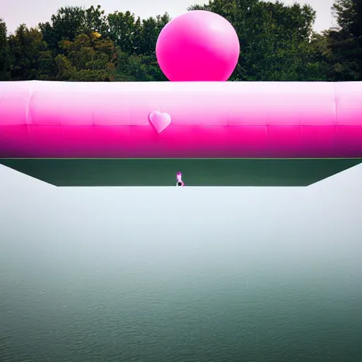 Image similar to a 5 0 mm lens photograph of a cute pink floating modern house, floating in the air between clouds, inspired by the movie up, held up from above by heart ballons. mist, playful composition canon, nikon, award winning, photo of the year